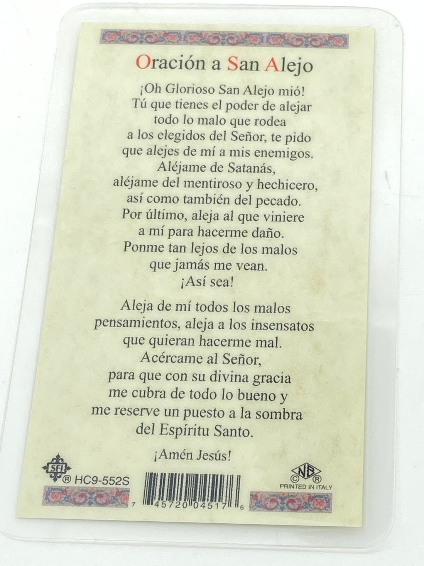 San Alejo Tarjeta Sagrada laminada (Cubierta de Plástico) - Unique Catholic Gifts