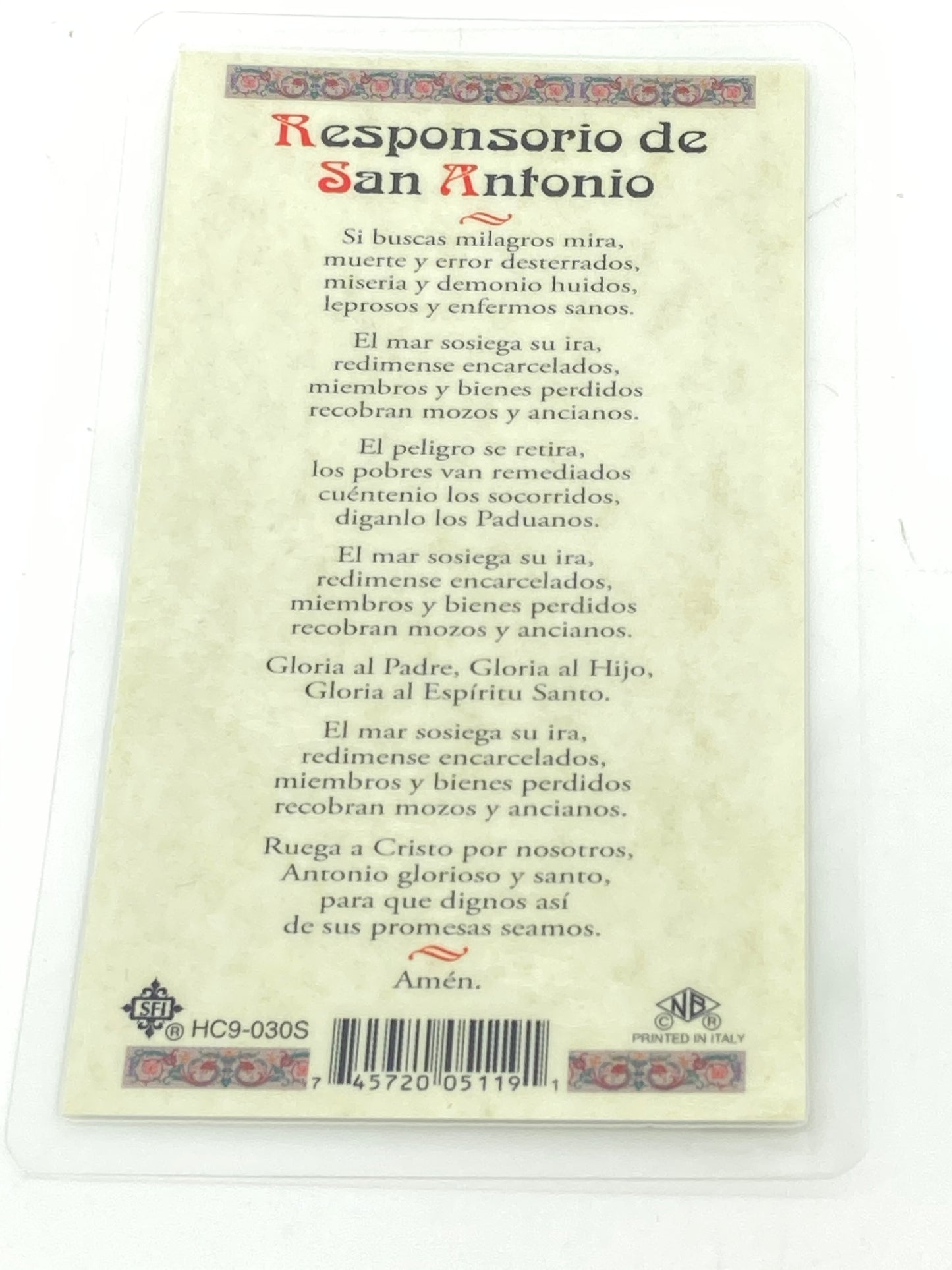 San Antonio Tarjeta Sagrada laminada (Cubierta de Plástico) - Unique Catholic Gifts