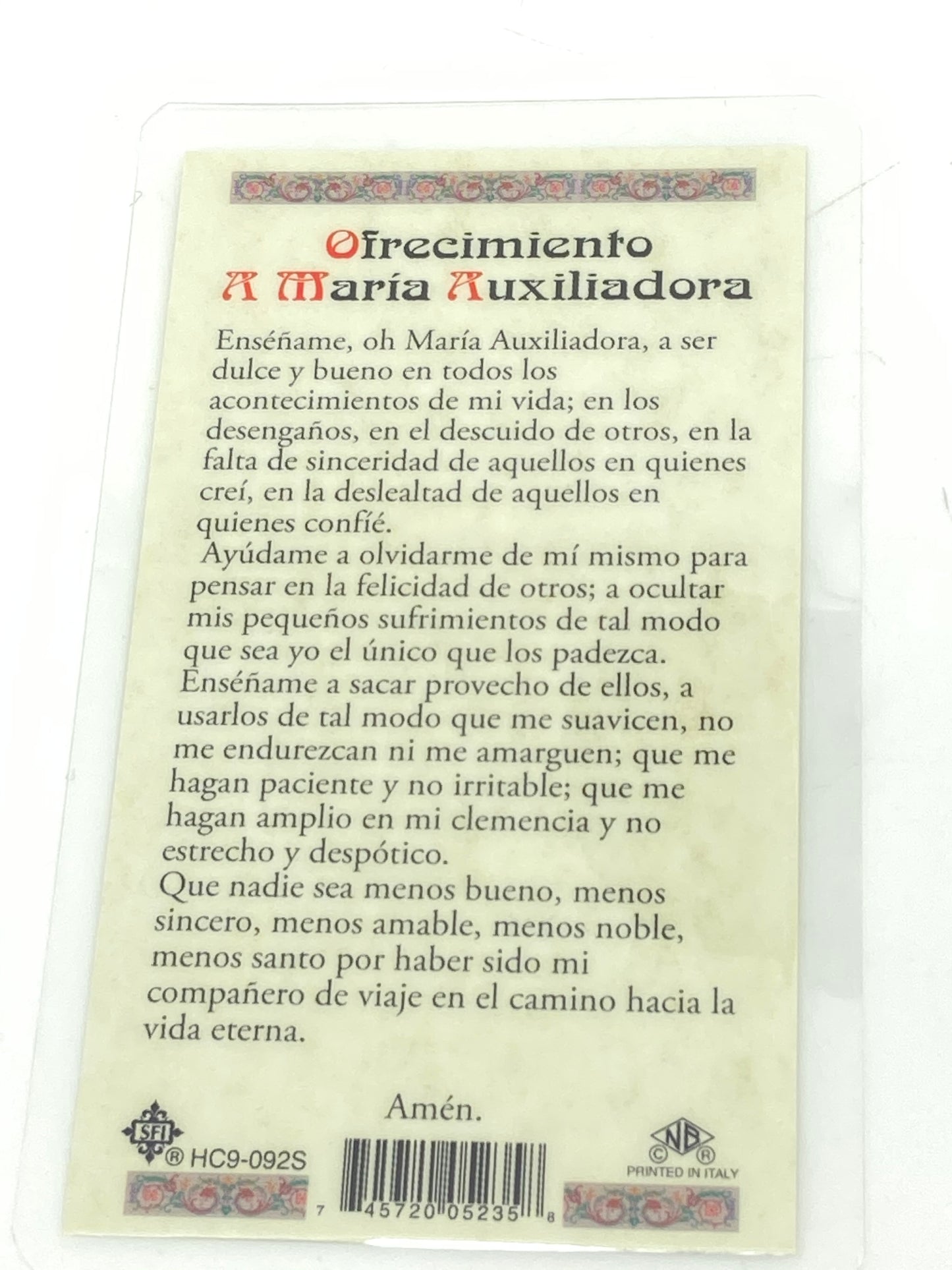 Maria Auxiliadora Tarjeta Sagrada laminada (Cubierta de Plástico) - Unique Catholic Gifts