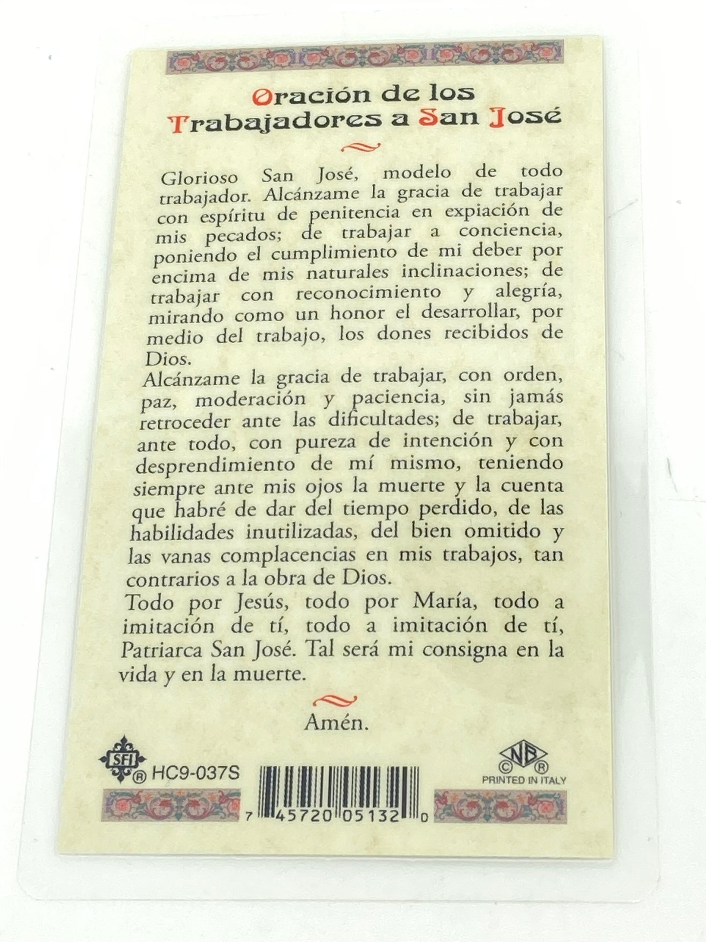 Trabajadores a San Jose Tarjeta Sagrada laminada (Cubierta de Plástico) - Unique Catholic Gifts