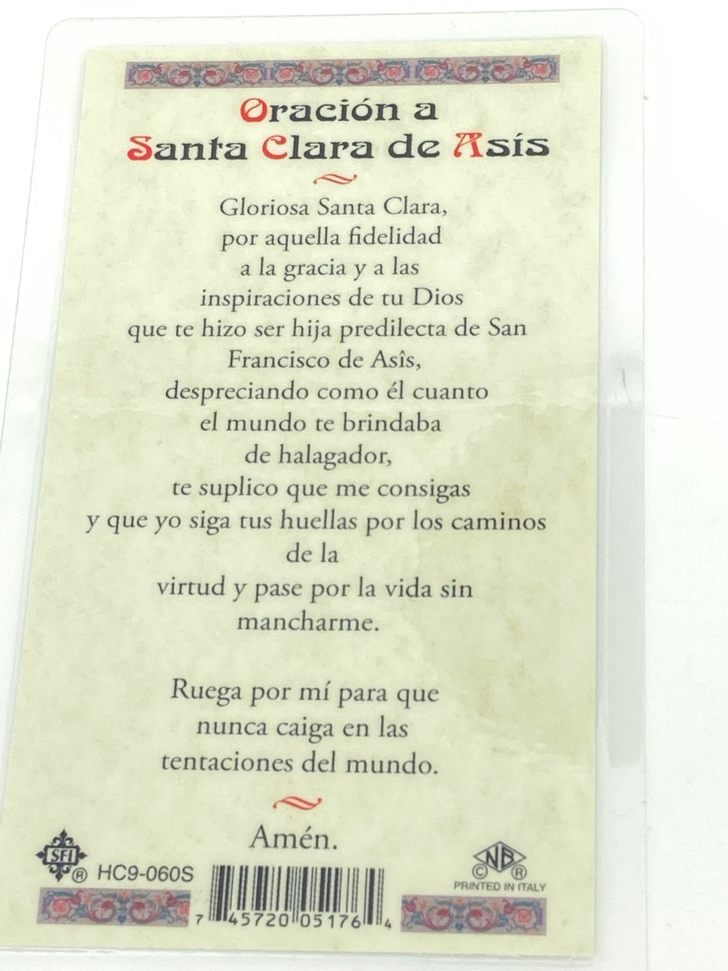 Santa Clara de Asis Tarjeta Sagrada laminada (Cubierta de Plástico) - Unique Catholic Gifts