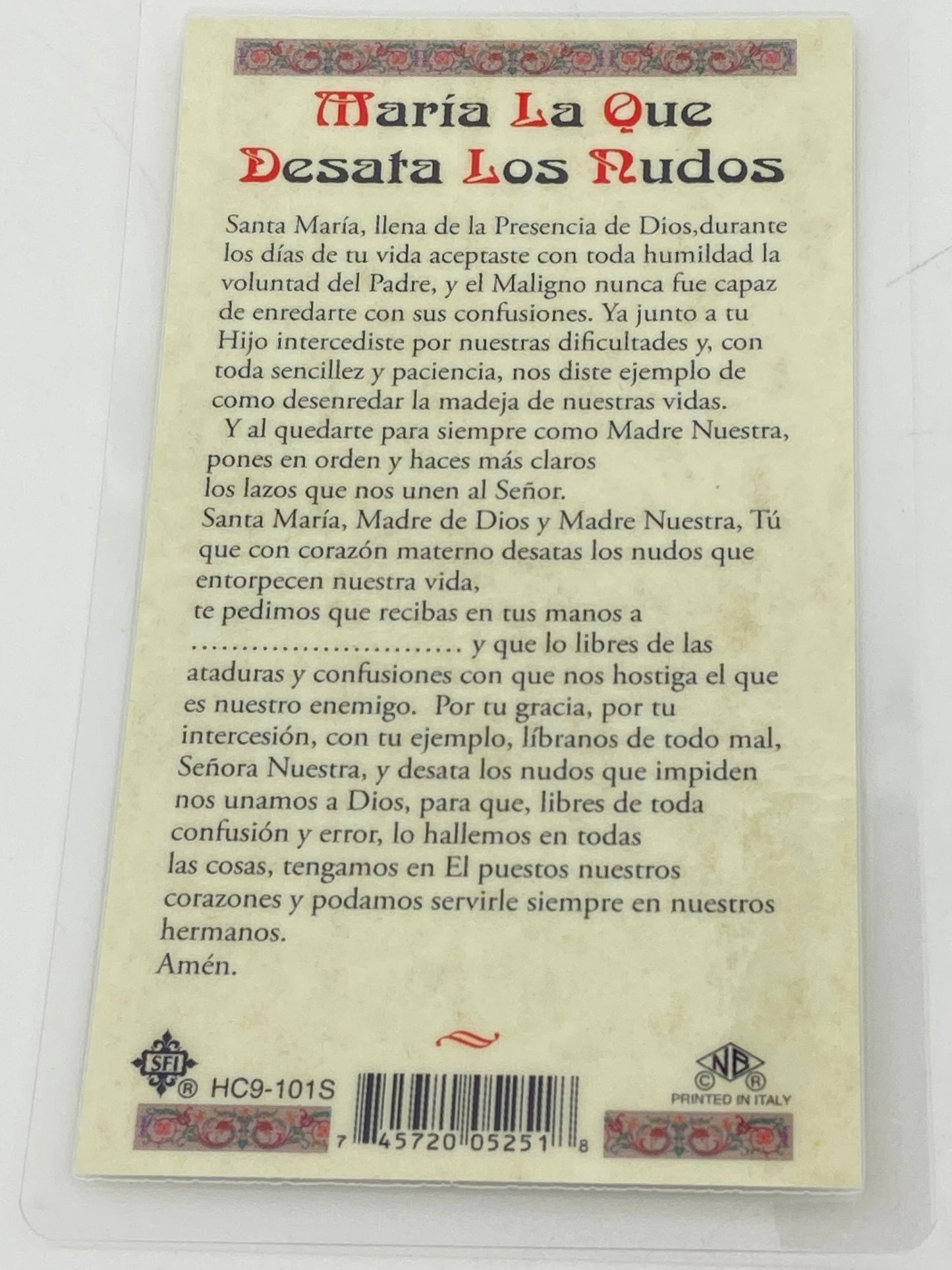 Maria La Que Desata Los Nudos Tarjeta Sagrada laminada (Cubierta de Plástico) - Unique Catholic Gifts