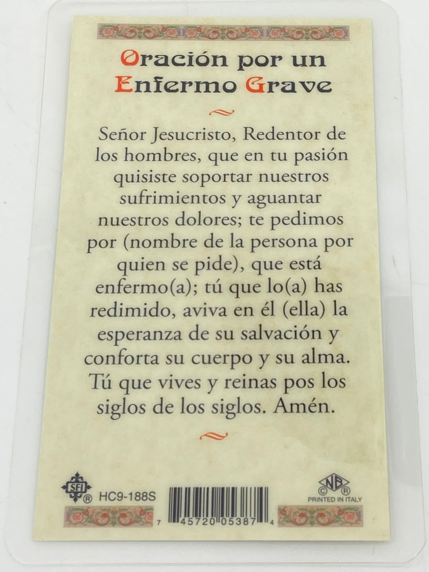 Enfermo Grave Tarjeta Sagrada laminada (Cubierta de Plástico) - Unique Catholic Gifts