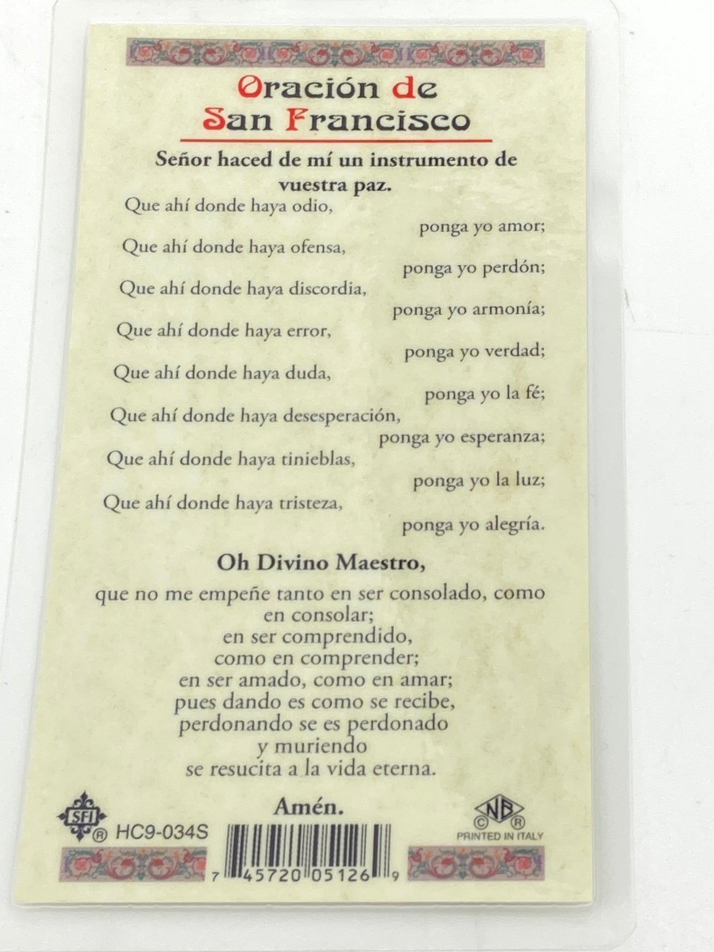 San Francisco Tarjeta Sagrada laminada (Cubierta de Plástico) - Unique Catholic Gifts