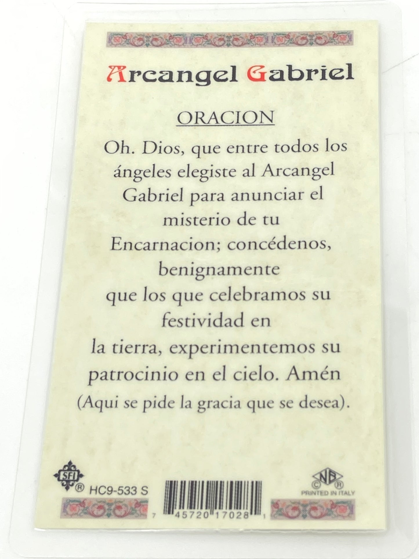 Arcangel Gabriel Tarjeta Sagrada laminada (Cubierta de Plástico) - Unique Catholic Gifts