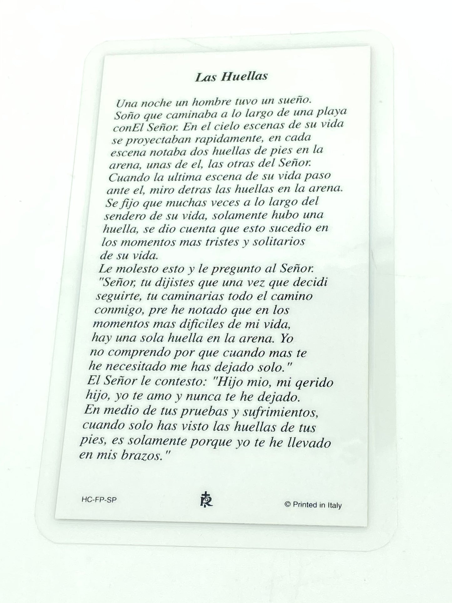 Las Huellas Tarjeta Sagrada laminada (Cubierta de Plástico) - Unique Catholic Gifts