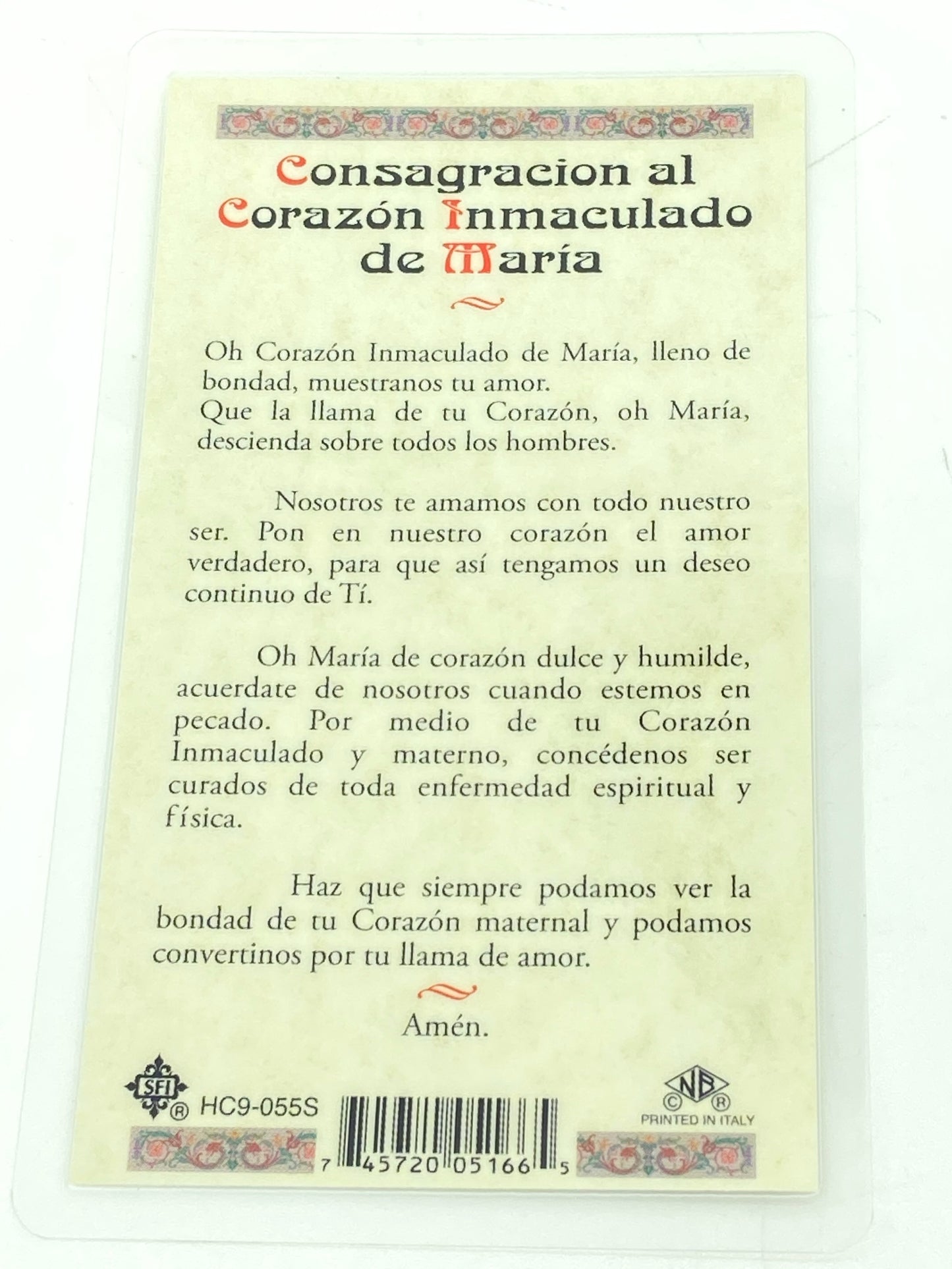 Consagracion al Corazon Inmaculado de Maria Tarjeta Sagrada laminada (Cubierta de Plástico) - Unique Catholic Gifts