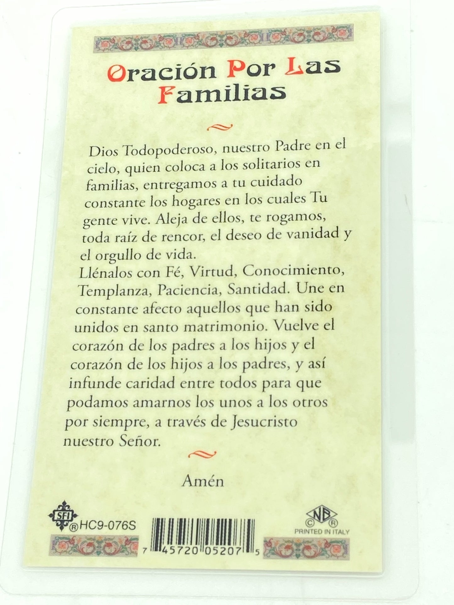 Oracion por las Familias Tarjeta Sagrada laminada (Cubierta de Plástico) - Unique Catholic Gifts
