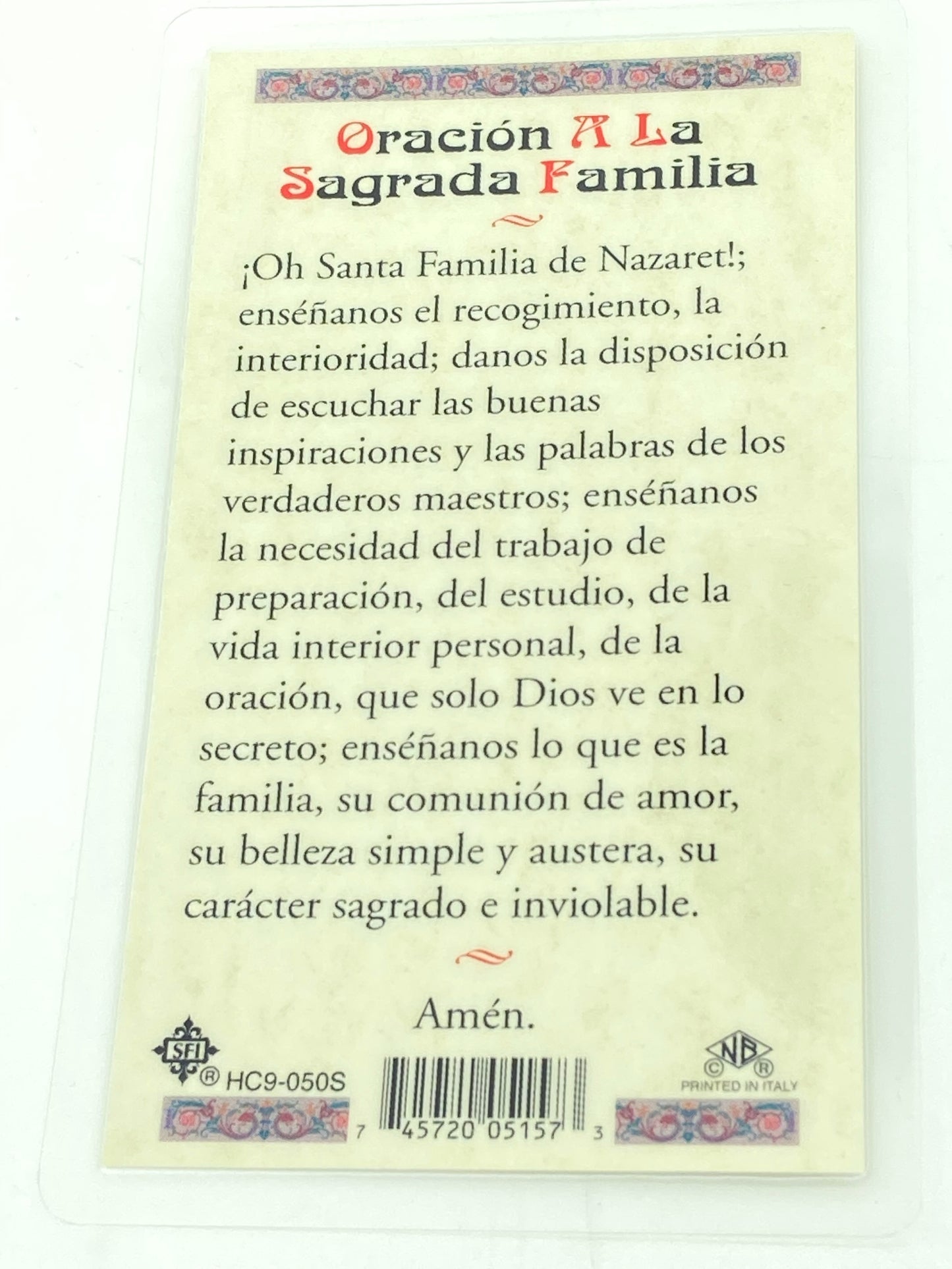 Oracion por la Sacgrada Familia Tarjeta Sagrada laminada (Cubierta de Plástico) - Unique Catholic Gifts