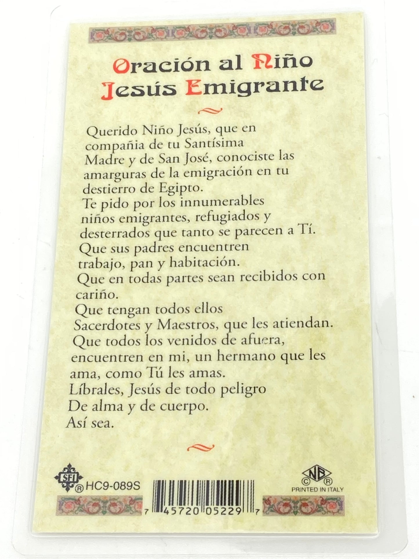 Oracion al Nino Jesus Emigrante Tarjeta Sagrada laminada (Cubierta de Plástico) - Unique Catholic Gifts