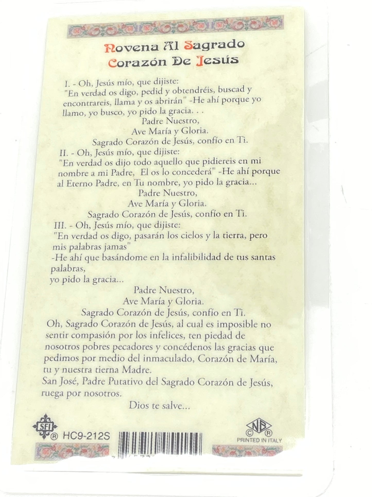 Novena al Segrado Corazon de Jesus Tarjeta Sagrada laminada (Cubierta de Plástico) - Unique Catholic Gifts