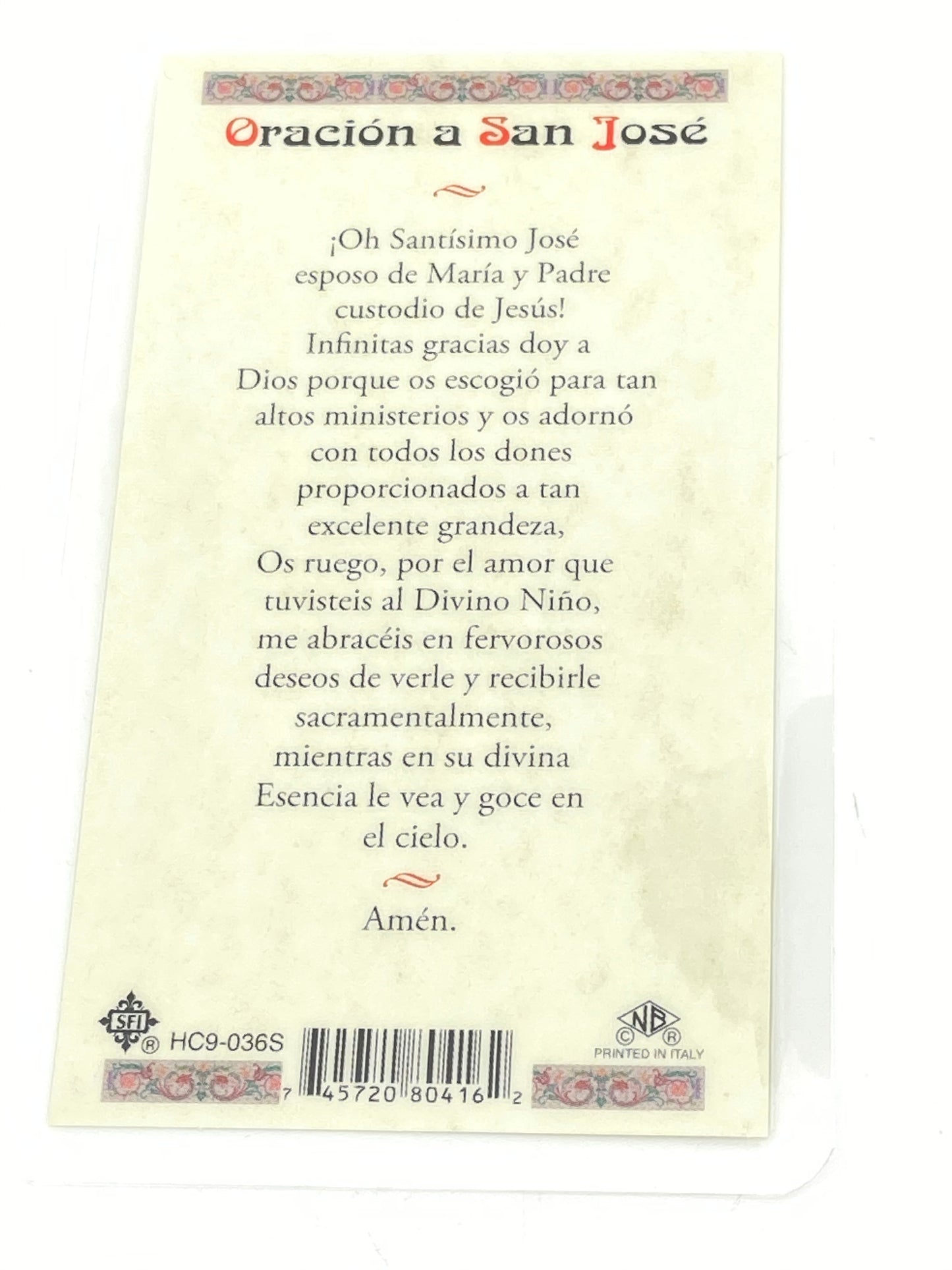 San Jose Tarjeta Sagrada laminada (Cubierta de Plástico) - Unique Catholic Gifts