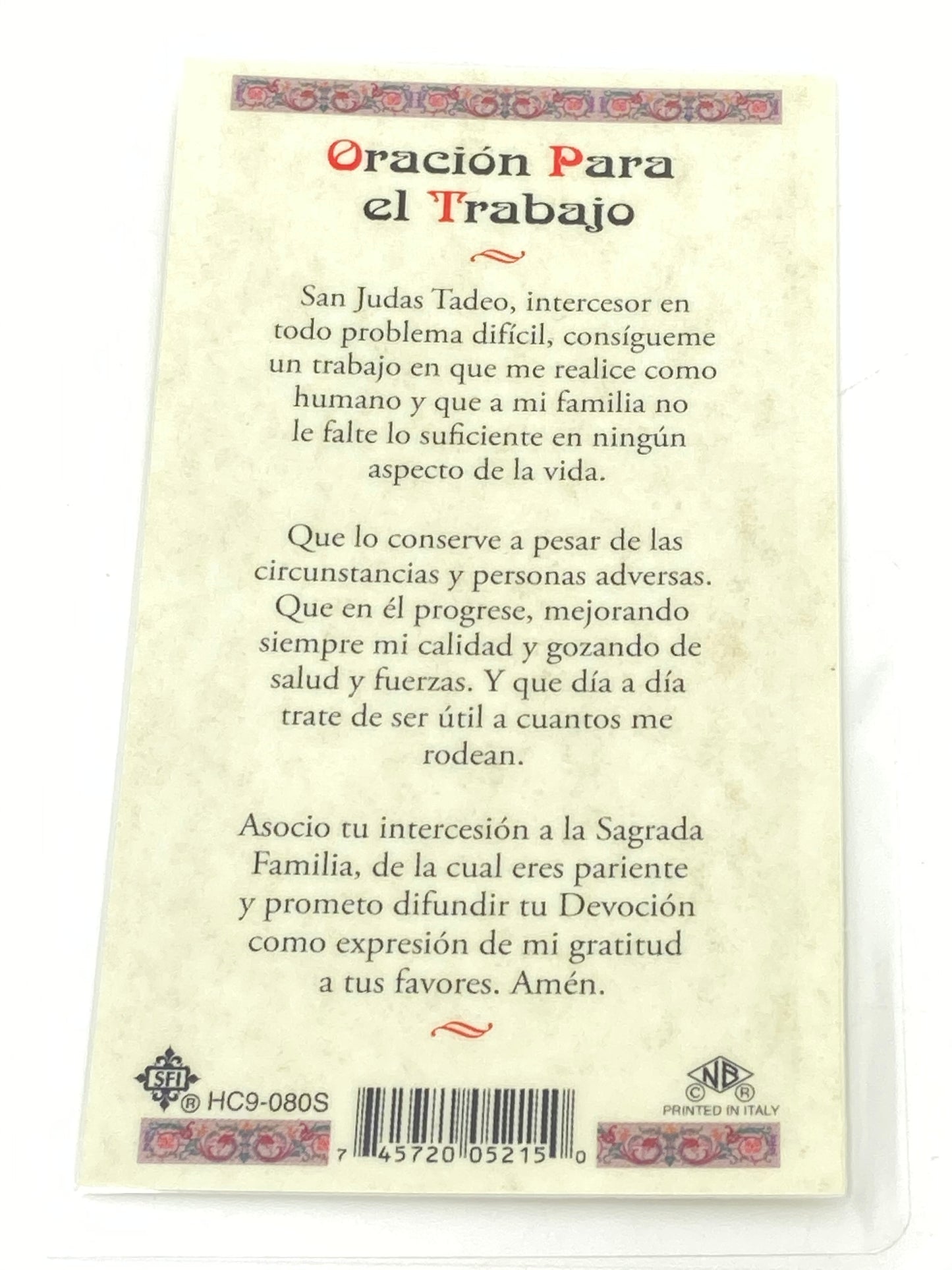 Judas Para el Trabajo Tarjeta Sagrada laminada(Cubierta de Plástico) - Unique Catholic Gifts
