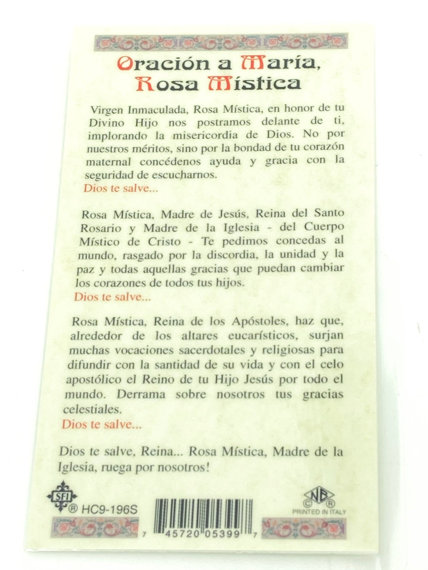 Rosa Mistica Tarjeta Sagrada laminada (Cubierta de Plástico) - Unique Catholic Gifts