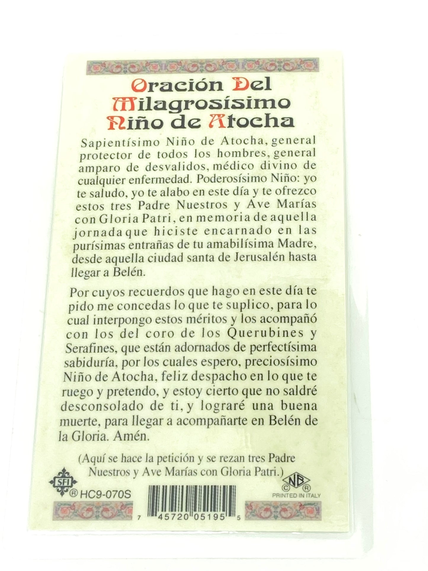 Milagrosisimo Nino de Atocha Tarjeta Sagrada laminada (Cubierta de Plástico) - Unique Catholic Gifts