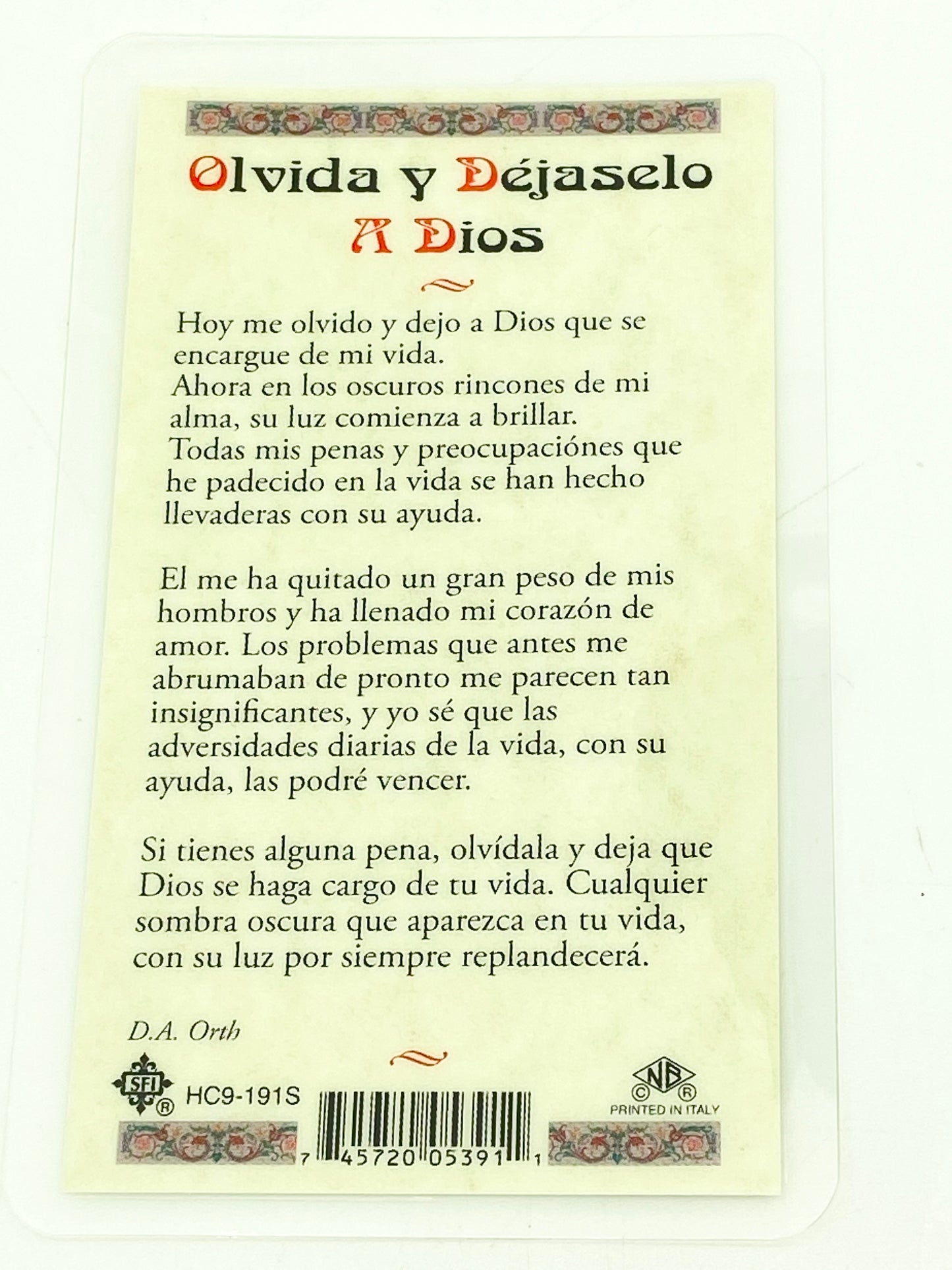 Olvida Y Dejaselo a Dios Tarjeta Sagrada laminada (Cubierta de Plástico) - Unique Catholic Gifts