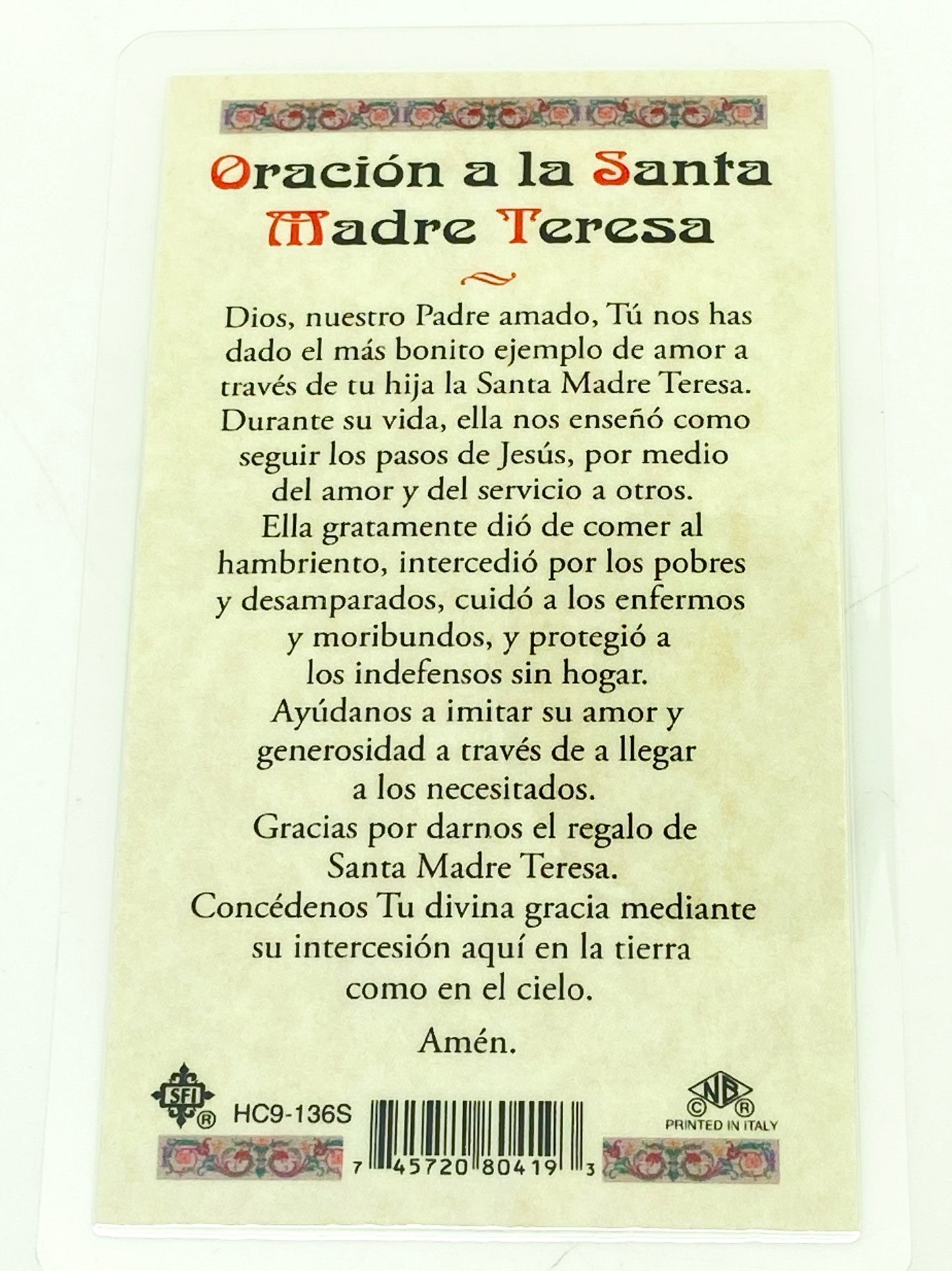 Santa Madre Teresa Tarjeta Sagrada laminada (Cubierta de Plástico) - Unique Catholic Gifts