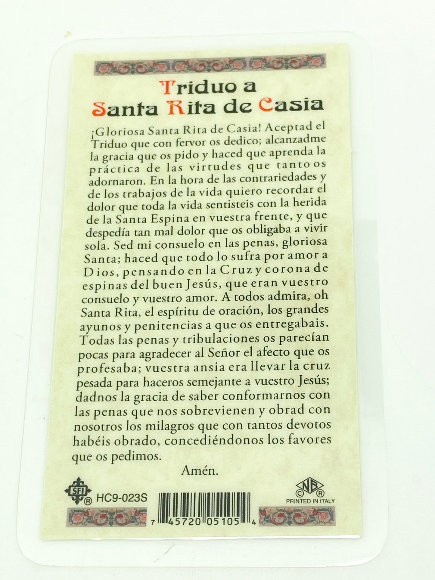 Santa Rita de Casia Tarjeta Sagrada laminada (Cubierta de Plástico) - Unique Catholic Gifts