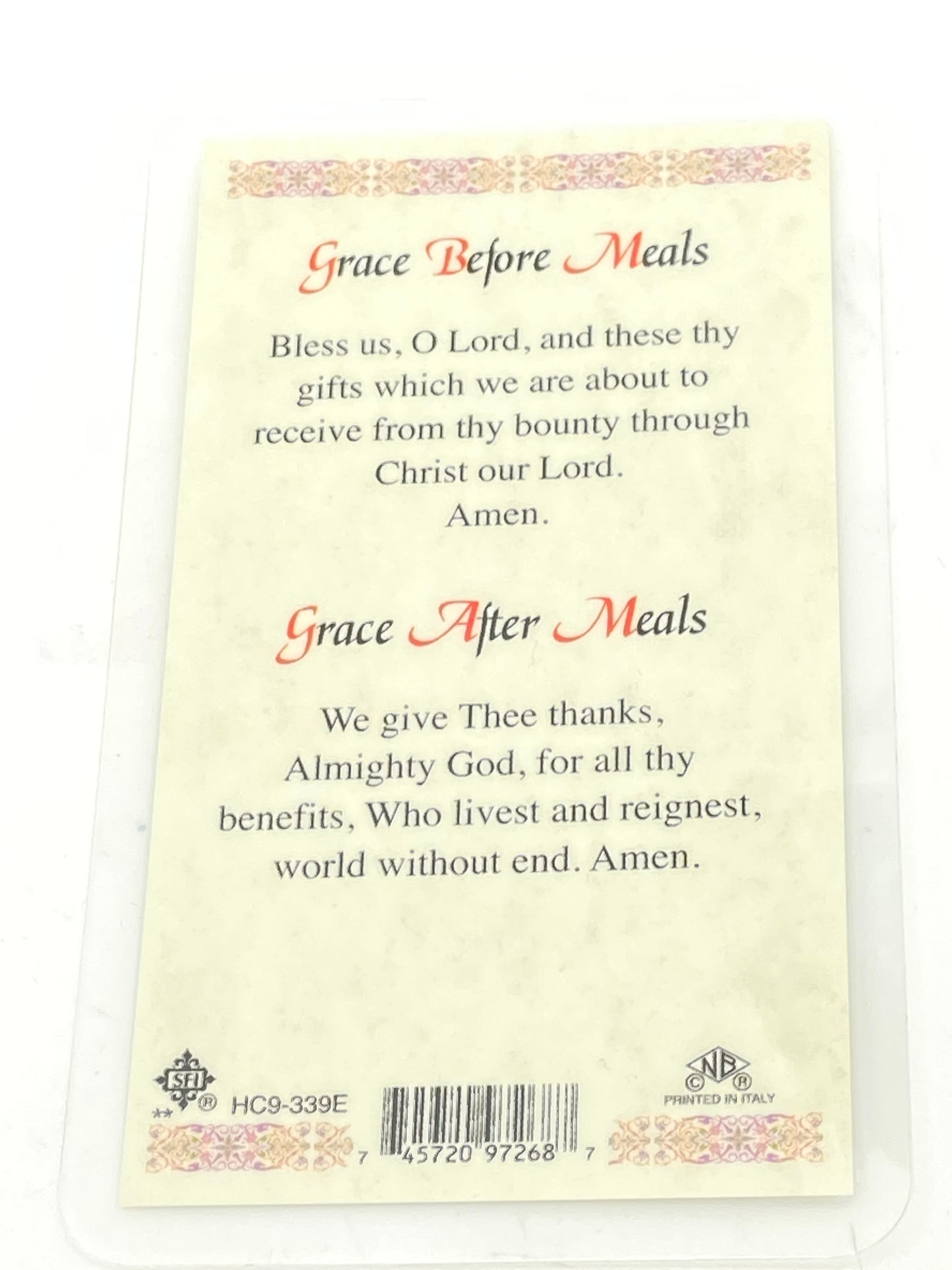 Grace Before Meals Prayer Laminated Holy Card (Plastic Covered) - Unique Catholic Gifts