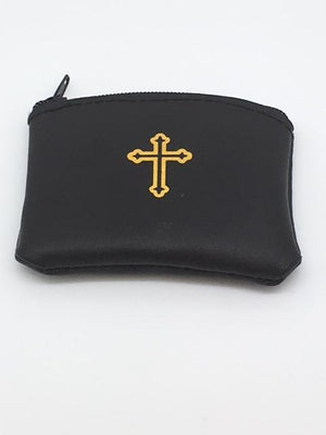 Black Genuine Leather with Cross Rosary Pouch (3 x 21/2