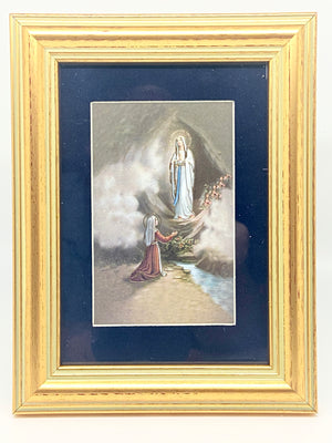 Our Lady of Lourdes with Bernadette in Matted Gold Frame 5 1/4