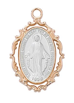Rose Gold Border with Silver Sterling Miraculous Medal (1") with 18" Chain - Unique Catholic Gifts