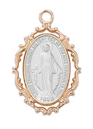 Rose Gold Border with Silver Sterling Miraculous Medal (1") with 18" Chain - Unique Catholic Gifts