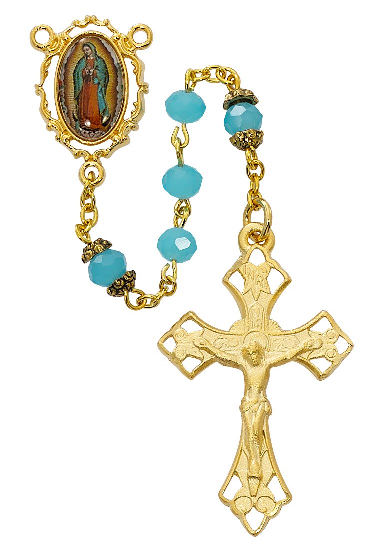 Our Lady of Guadalupe Aqua Crackle Rosary (5MM) - Unique Catholic Gifts