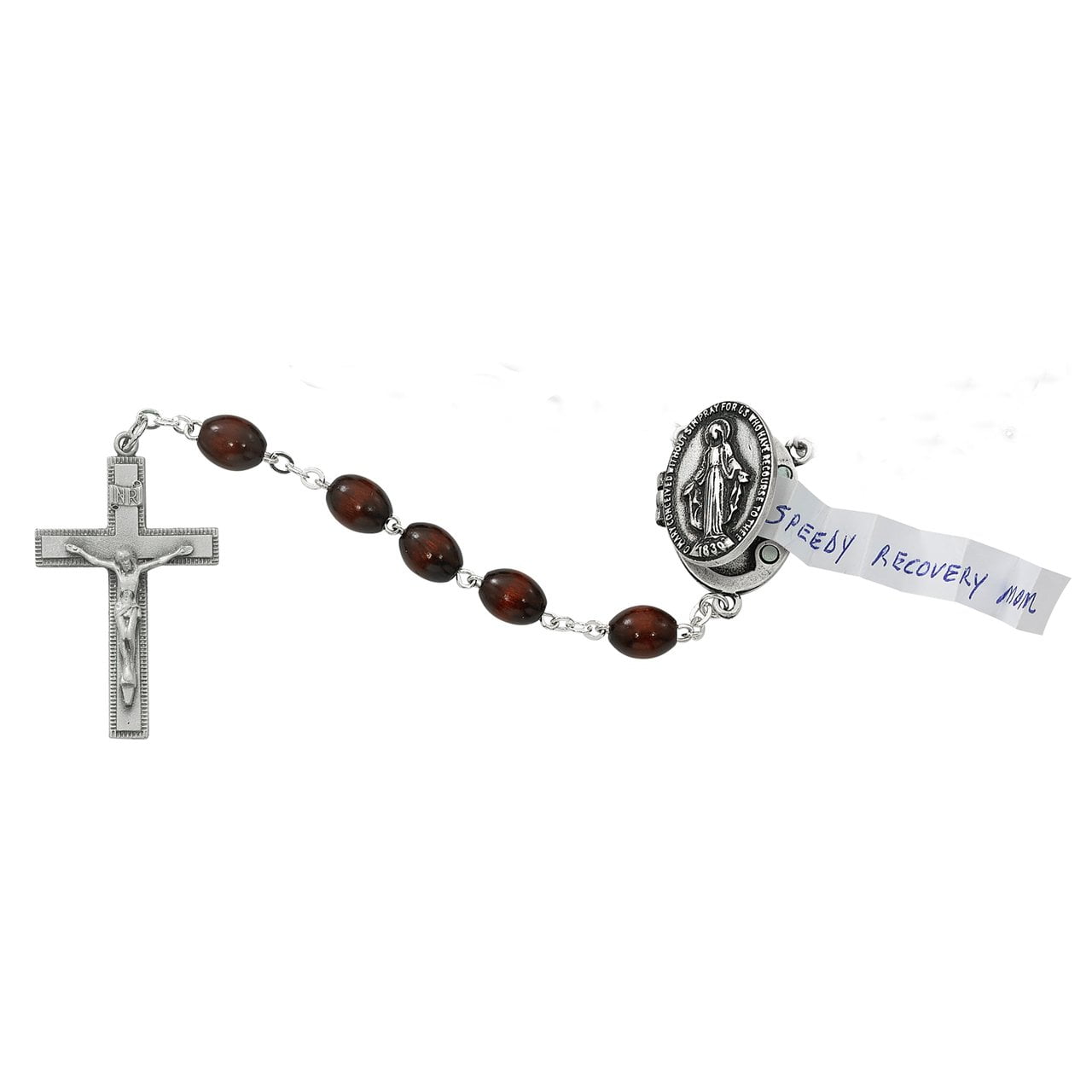 Brown Wood Prayer Petition Locket Rosary(7 MM) - Unique Catholic Gifts