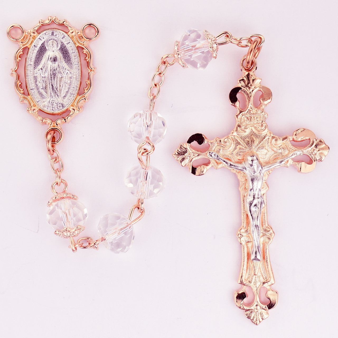 Rose Gold and Crystal Capped Rosary (8MM) - Unique Catholic Gifts