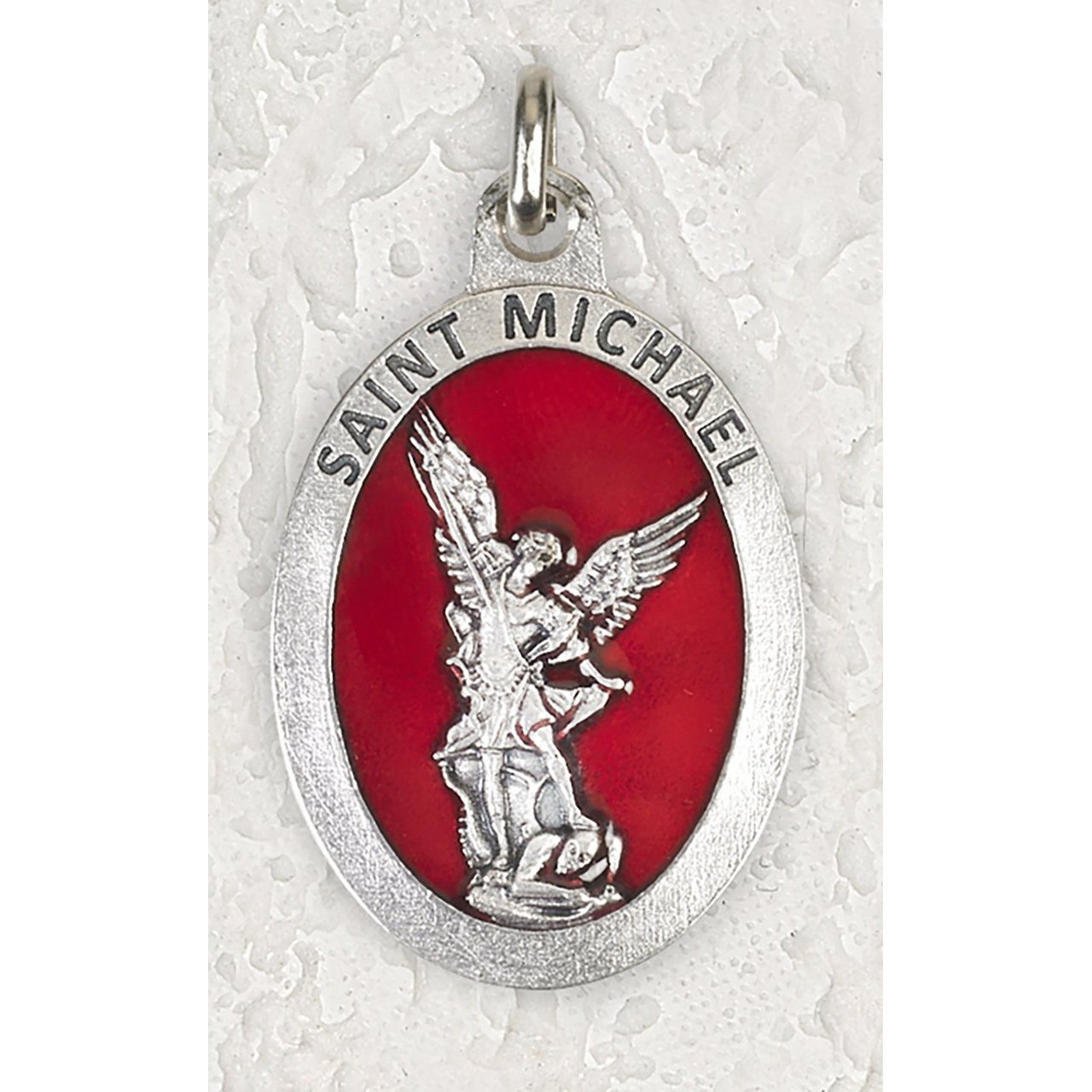 St. Michael the Archangel Double Sided Medal Silver Toned With Red Enamel 1 1/2" - Unique Catholic Gifts