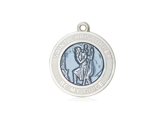 St. Christopher White Border Round Blue Medal (3/4") with 18" chain - Unique Catholic Gifts