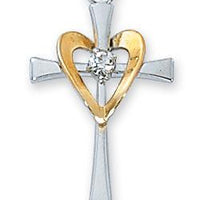 Sterling Silver Cross with Gold Heart and Center Stone (1") on 18 inch chain.(L9117) - Unique Catholic Gifts