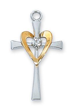 Sterling Silver Cross with Gold Heart and Center Stone (1