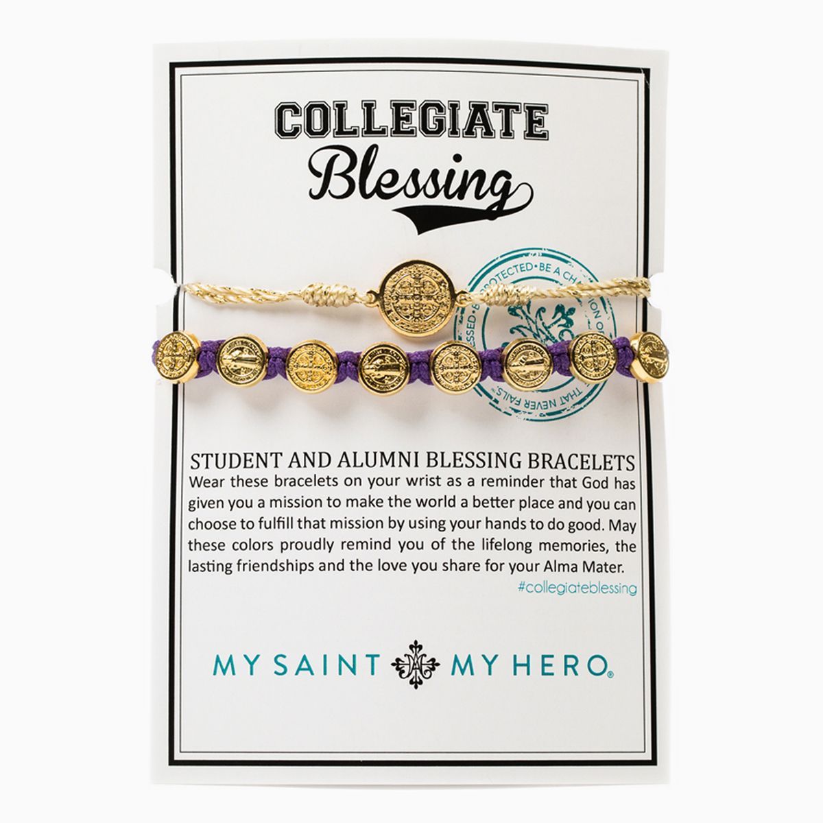 Student & Alumni Blessing Bracelets Silver Medal on Gold and Purple Cords - Unique Catholic Gifts