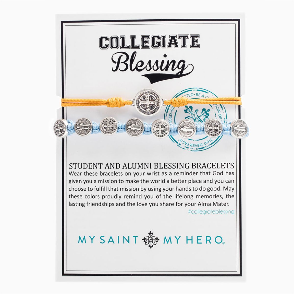 Student & Alumni Blessing Bracelets Silver Medal on Light Blue and Gold Cord - Unique Catholic Gifts