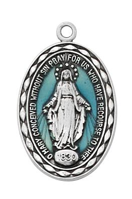Sterling Silver and Blue Epoxy Miraculous Medal (7/ 8" X 1/2") - Unique Catholic Gifts