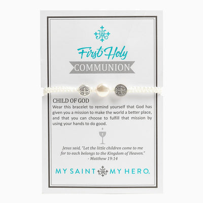 Silver Medal on White Cord Holy First Communion Pearl and Swarovski Bracelet 