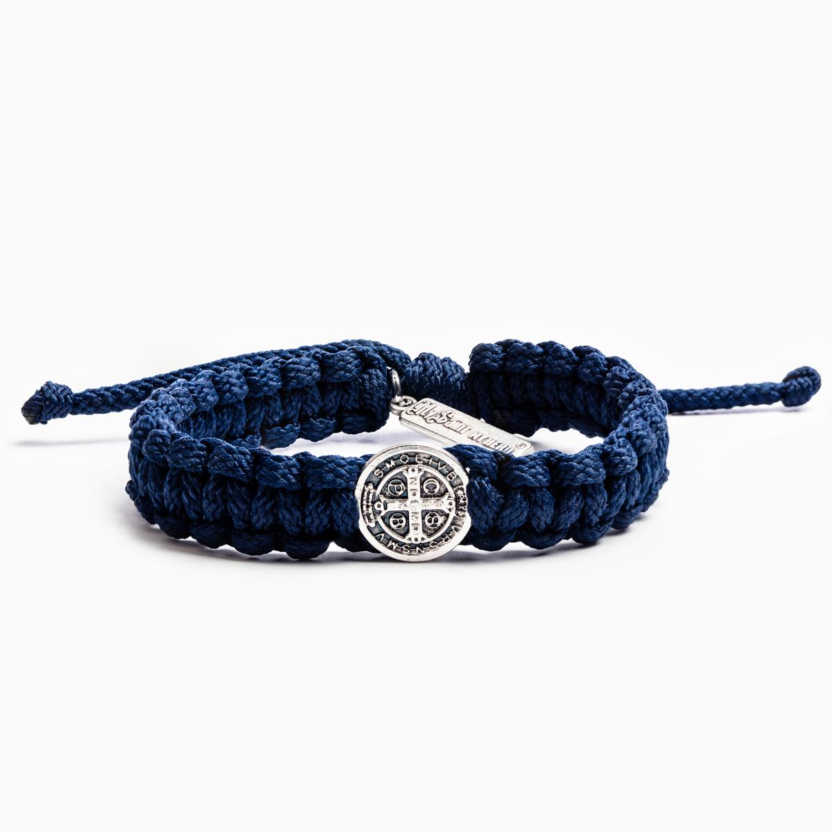 One Blessing Bracelet Silver with Navy Blue Band (Men's ) - Unique Catholic Gifts
