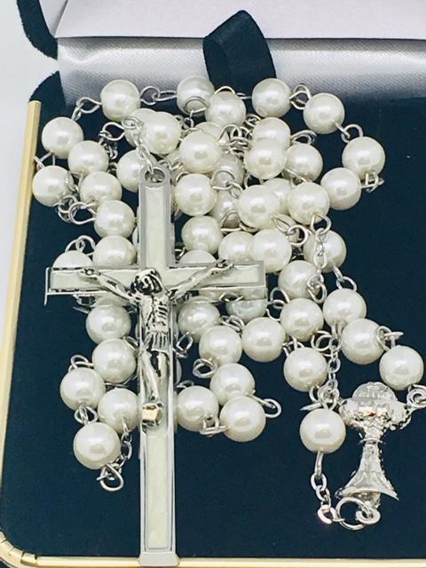 First Communion Rosary White Pearl - Unique Catholic Gifts