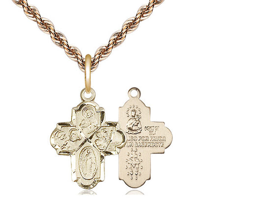 Colgante de 4 vías llena de oro de 14kt en una cadena llena de oro