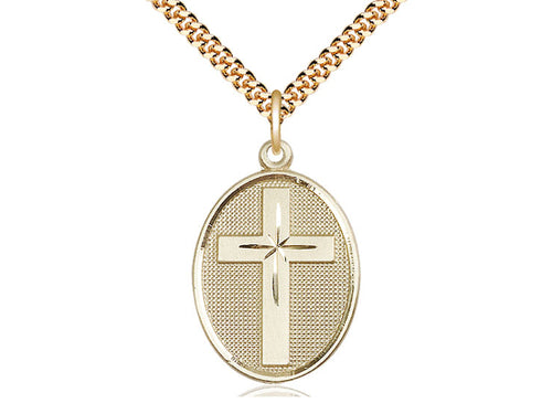 14kt Gold Filled Cross Pendant on a 24-Inch Gold Plate Heavy Curb Chain