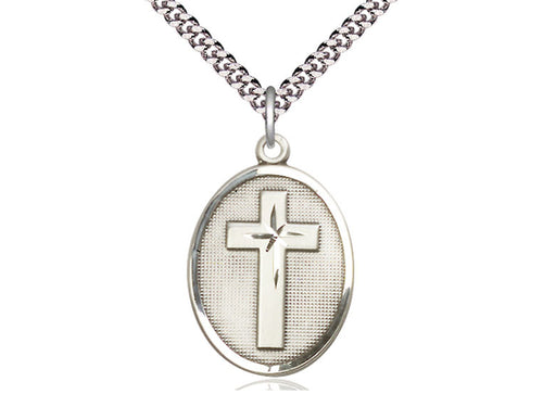 Sterling Silver Cross Pendant on a 24-Inch Light Rhodium Heavy Curb Chain