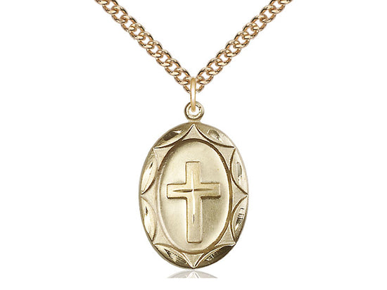 Colgante cruzado lleno de oro de 14kt en una cadena llena de oro