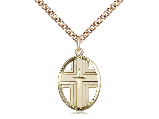 Medalla cruzada llena de oro de 14kt en una cadena llena de oro