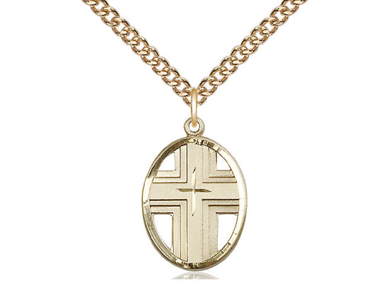 Medalla cruzada llena de oro de 14kt en una cadena llena de oro