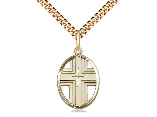 Medalla cruzada llena de oro de 14kt en una cadena llena de oro