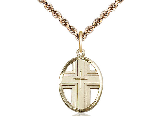Medalla cruzada llena de oro de 14kt en una cadena llena de oro