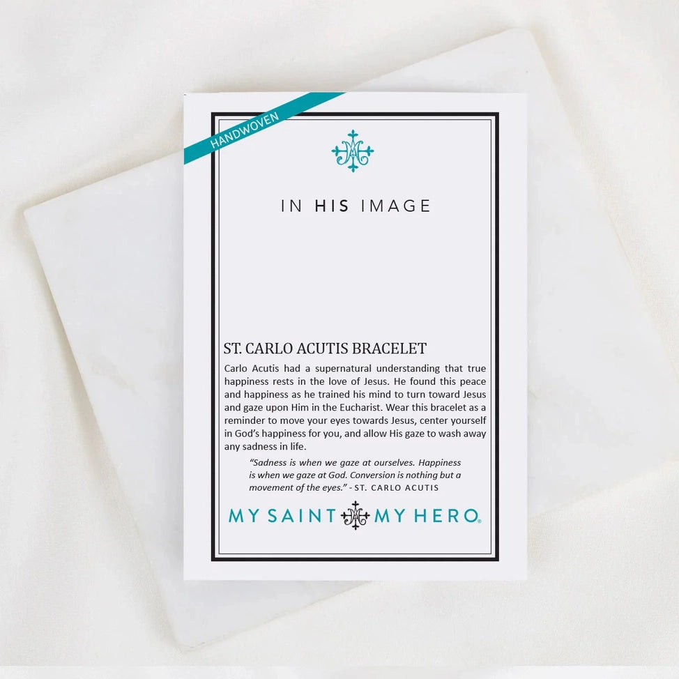 Card with description of St. Carlo Acutis bracelet highlighting faith, peace, and conversion message on white background