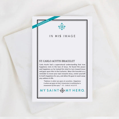 Card with description of St. Carlo Acutis bracelet highlighting faith, peace, and conversion message on white background